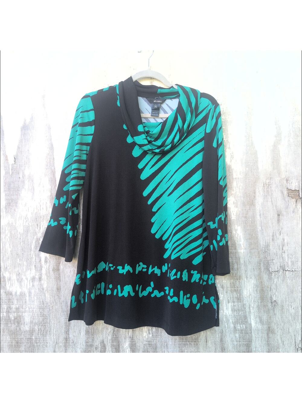 Ali MIles Cowl Neck Tunic Top Wearable Art Stretch Black / Teal Women's Small